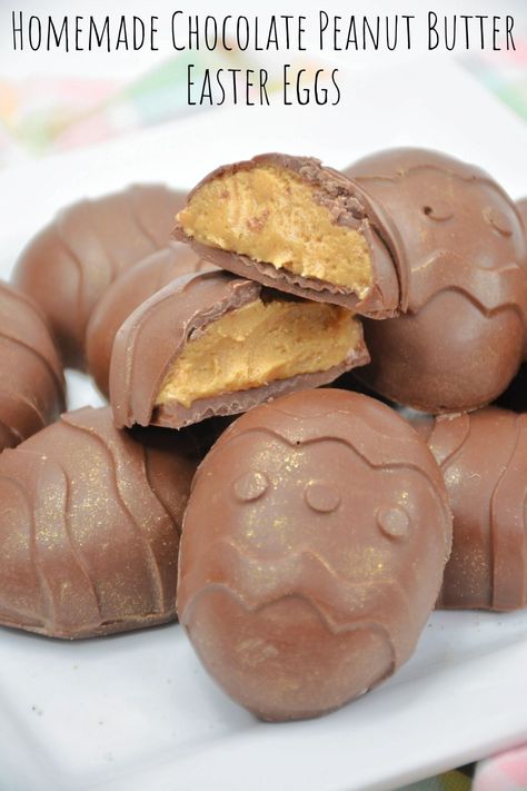 Homemade Chocolate Peanut Butter Easter Eggs Easter Candy Recipes, Peanut Butter Eggs Recipe, Homemade Chocolate Peanut Butter, Reese Peanut Butter Eggs, Chocolate Goodies, Peanut Butter Easter Eggs, Chocolate Candy Recipes, Peanut Butter Eggs, Candy Recipes Homemade