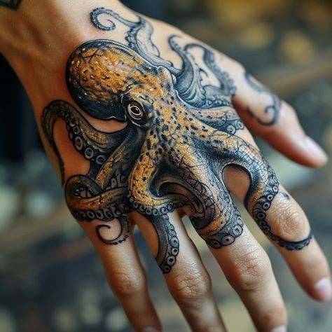 Octopus Tattoos, Octopus Tattoo On Hand, Octopus Finger Tattoo, Octopus Tattoo Sleeve, Kraken Tattoo, Small Octopus, Realistisches Tattoo, Octopus Tattoo Design, Animal Tattoo Ideas