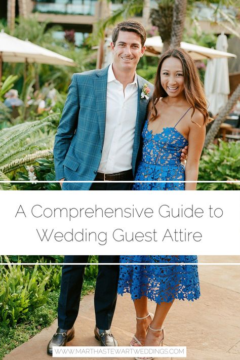 A Comprehensive Guide to Wedding Guest Attire | Martha Stewart Weddings - With the help of two experts, we decode common wedding dress codes, and provide outfit ideas for any event. #weddingstyle #weddingfashion #blacktie #cocktailattire Spring Guest Wedding Outfits, Fall Wedding Attire For Men Guest, Summer Wedding Outfit Guest Semi Formal, Formal Wedding Dresses For Guest Fall, Wedding Guest Outfit Couple Summer, Business Casual Wedding Guest Dresses, Wedding Guest Dress Afternoon, Cocktail Attire Wedding Guest Dress, Festive Attire Dress Code Wedding