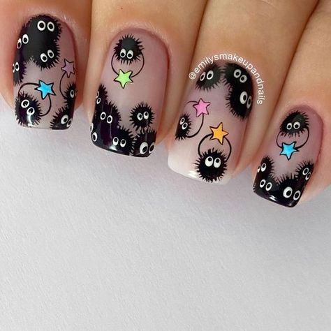 Soot Spirit Nails, Soot Sprites Nails, Soot Sprite Nail Designs, Totoro Nails Studio Ghibli, Totoro Nail Art, Gibli Studio Nail Art, Dnd Gel Polish, Soot Sprites, Manicure Nail Designs