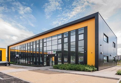 Warehouses Exterior, Warehouses Architecture, Electric Cycle, Port Talbot, School Building Design, Retail Facade, Commercial Design Exterior, Shed Construction, Factory Architecture