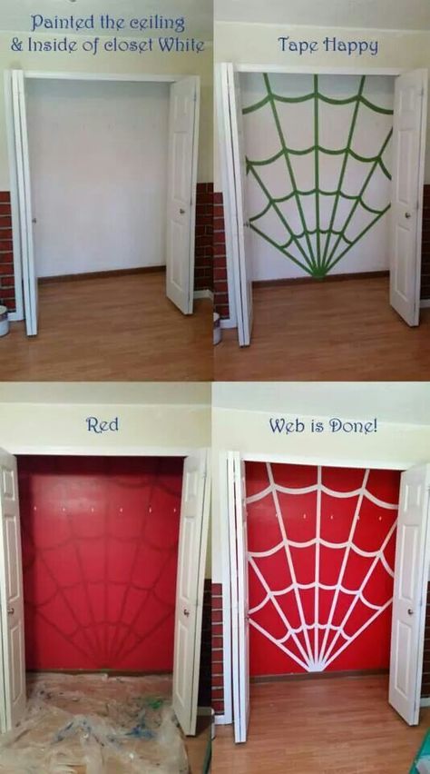 Superhero Accent Wall, Spiderman Room Paint Ideas, Marvel Room Paint Ideas, Spiderman Bedroom Wall, Diy Spiderman Bedroom Decor, Spiderman Wall Art Diy, Superhero Bedroom Paint Ideas, Spiderman Accent Wall, Spiderman Bedroom Ideas Diy