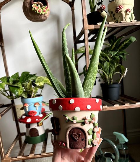 Can you tell I like fairy houses?? #fairycore #plants #clayart #handmade Air Dry Clay Plant Pot Ideas, Air Clay Pots, Fairy Garden Ceramics, Clay Plant Pot Ideas, Clay Pot Ideas Pottery, Garden Clay Art, Things You Can Make With Clay, Air Dry Clay Plant Pot, Air Dry Clay Fairy House