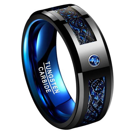 PRICES MAY VARY. Tungsten carbide ring with unique celtic dragon pattern, green / blue carbon fiber and cz inlay, 8mm width. Comfort Fit interior makes it easy to get on/off and wear all day long. Tungsten rings are water-proof, scratchproof and hypoallergenic, you can wear it daily and don't need to worry about damages and allergies. Suitable for wearing as a wedding ring, engagement ring, promise ring or a daily decoration. Ideal gift for Birthday, Anniversary, Valentine's Day, Thanksgiving or Men Rings, Pre Engagement, Commitment Rings, Marriage Ring, Celtic Dragon, Tungsten Mens Rings, Dragon Ring, Tungsten Carbide Rings, Wolfram