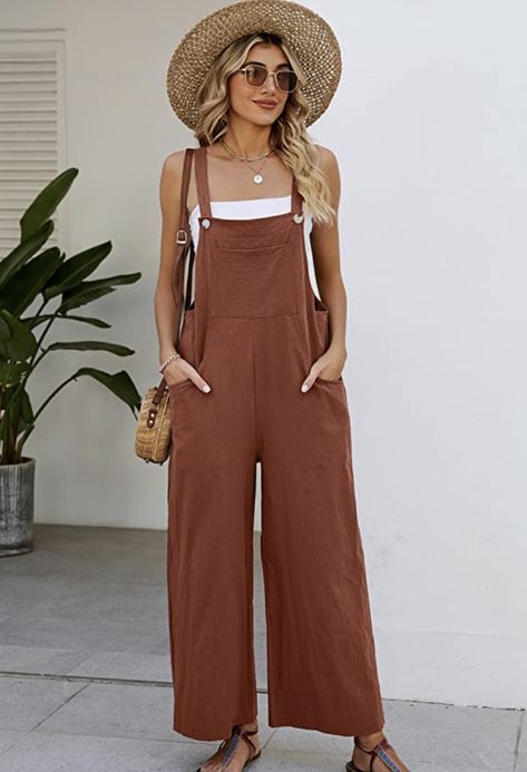 Cotton Overalls Outfit Summer, Womens Romper Outfit, Flowy Overalls Outfit, Linen Overalls Outfit Summer, Baggy Jumpsuit Outfit, Boho Overalls Outfits, Linen Romper Outfit, Loose Overalls Outfit, Wide Leg Overalls Outfit