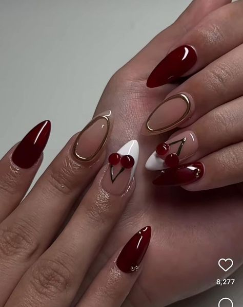 Almond Nails Cherry Design, Simple Nail Designs Short Nails Fall Colors, Almond Cherry Red Nails, Burgundy Nail Designs Almond, Almond Nails Red Design, Burgundy Almond Nails Design, Cherry Red Nails Almond, Nail Inspo Burgundy, Red Nail Designs Almond