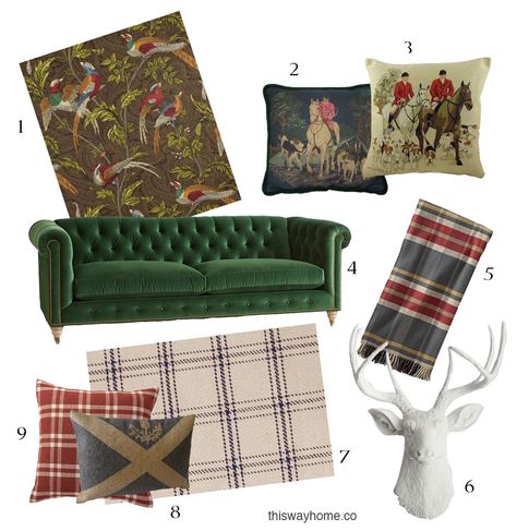 Scottish Style Decor Pheasant Wallpaper Hunting Needlepoint Pillow Plaid Blanket Throw Plaid Rug Carpet Velvet Chesterfield Couch Green Faux Taxidermy Stag Head Scottish Bedroom, Scottish Interiors, Scottish Decor, Scottish Cottages, Velvet Sofas, Scottish Style, Scottish Homes, Style Anglais, Interior Design Courses