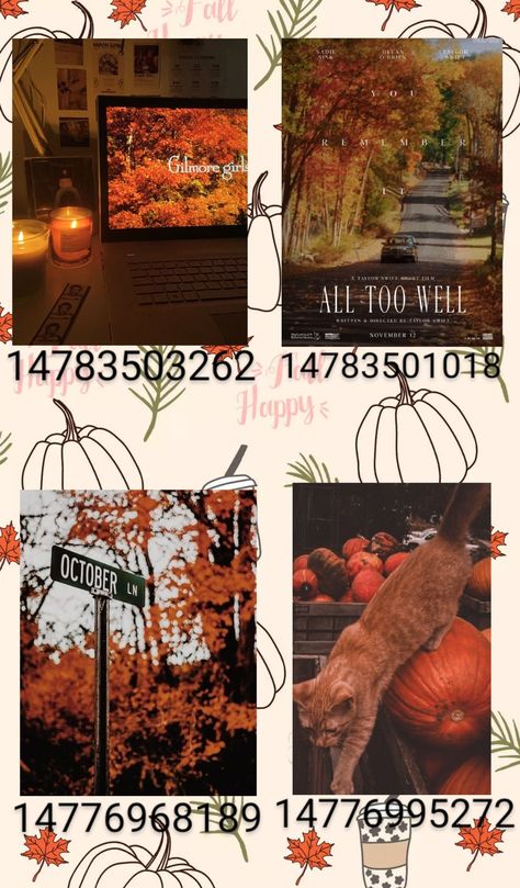 Bloxburg Orange Decal Codes, Roblox Fall Picture Codes, Bloxburg Decals Codes Fall Aesthetic, Gilmore Girls Bloxburg Decals, Bloxburg Decals Codes Wallpaper Autumn, Bloxburg Fall Mansion Ideas, Bloxburg House Ideas Fall Layout, Halloween Picture Decals Bloxburg, Berry Avenue Halloween Picture Codes