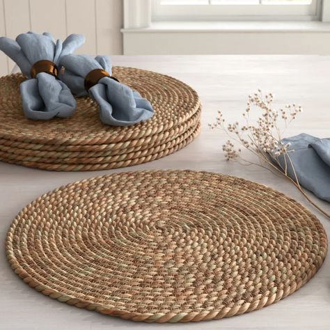 Birch Lane™ Welham Jute/Rattan Round Placemat | Wayfair Tuscany Patio, Placemats Ideas Dining Rooms, Seagrass Placemats, Boho Placemats, Jute Products, Jute Placemats, Wicker Placemats, Book Shower, Dark Table