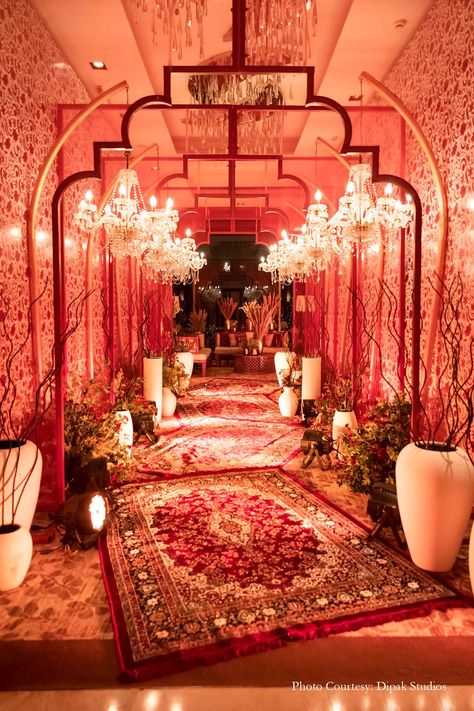 Sangeet Decor Ideas Indian Weddings, Maximalist Decor Wedding, Turkish Theme Wedding Decor, Chandelier For Wedding Decor, Red And Gold Indian Wedding Decor, Bollywood Wedding Decor, Theme Wedding Ideas Indian, Sufi Theme Decor, Indian Wedding Details