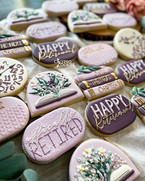 Retirement Party Cookie Ideas, Women Retirement Party Ideas, Purple Retirement Party Ideas, Retirement Party Ideas Women, Retirement Dessert Ideas, Retirement Cookies Decorated For Woman, Retirement Decorated Cookies, Retirement Cupcakes Ideas For Women, Teacher Retirement Cookies