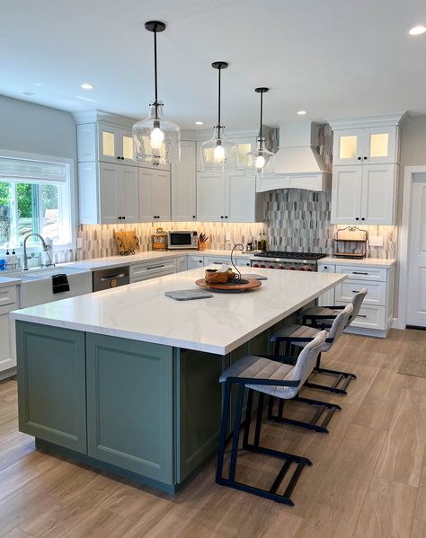 Sage green shaker style kitchen island with quartz countertops; overhang allowing for seating. Moss Green Island Kitchen, Grey Kitchen Green Island, Green Island With White Cabinets, Olive Green Island In Kitchen, White Kitchen With Sage Green Island, Dark Green Kitchen Island White Cabinets, Hunter Green Kitchen Island, White Kitchen Sage Island, Different Color Kitchen Island