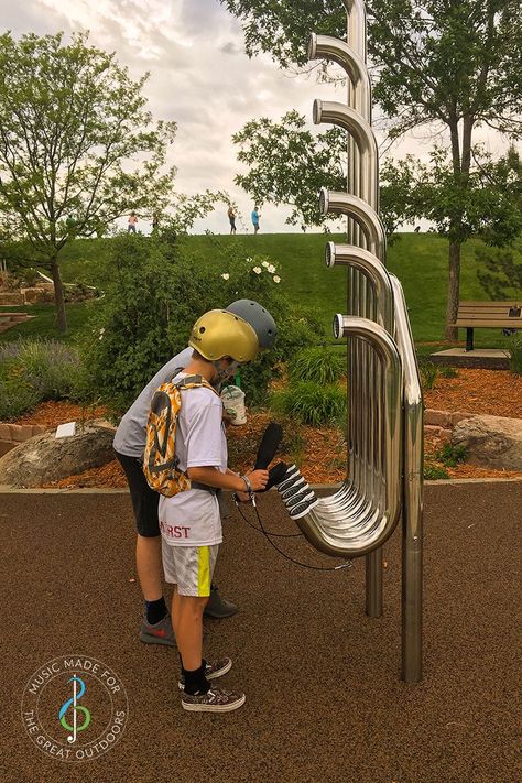 Make some amazing 'bluesy' sounds on these huge outdoor slap tubes. Tuned to a blues scale our stainless steel Tembos are interactive, sculptural musical fun Outdoor Musical Instruments, Playgrounds Architecture, Urban Ideas, Sound Sculpture, Urban Playground, Kids Play Spaces, Outdoor Gathering Space, Outdoor Music, Sport Park