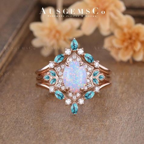 Opal And Turquoise Engagement Ring, Opel Rings, Turquoise Wedding Jewelry, Opal Wedding Ring Set, Western Wedding Rings, Turquoise Wedding Rings, Opal Engagement Ring Set, Enhancer Ring, Dream Rings