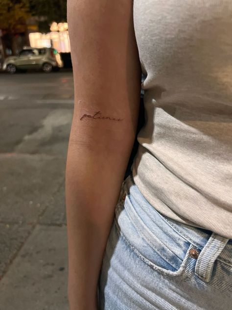 Lower Bicep Tattoo Women, Patience Tattoo, Bicep Tattoo Women, Inner Bicep Tattoo, Single Needle Tattoo, Upper Arm Tattoos, Bicep Tattoo, Dainty Tattoos, Upper Arms