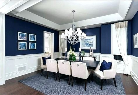 Why Hale Navy May Just Be the Perfect Blue Paint | Hadley Court Essen, Contemporary Dining Room Decor, Blue Dining Room Decor, Kitchen Dining Room Combo, Walls Living Room, Two Tone Walls, Yellow Dining Room, Paint Walls, Hale Navy