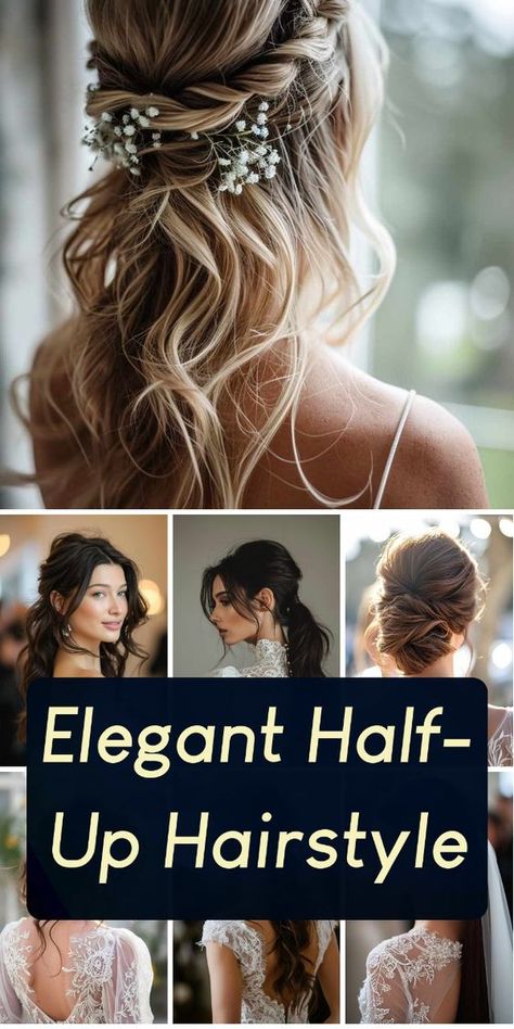 Discover the secret to effortless wedding hair! Learn how this stunning Half-Up, Half-Down style combines simplicity with elegance for a truly unforgettable look. Boho Bride Wedding Hair, Bridal Hair Ideas Down, Elegant Hairstyles For Medium Hair Down, Hair Ideas For Wedding Bride, Half Up Do Bridal Hair, Boho Half Up Hairstyles, Romantic Half Up Half Down Wedding Hair, Long Hair Down Wedding Styles Soft Waves, 2024 Bridal Hair Styles