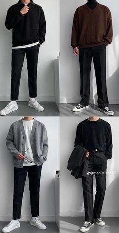 Hm Men Outfits, Man All Black Outfit, Black Smart Casual Men’s Outfit, Inspirasi Outfit Cowo, Outfit Color Combos Men, Men’s Business Casual Outfits Fall, Black And White Outfits Men, Francis Aesthetic, Mens Fits