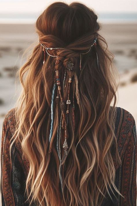 70s Hippie Hairstyles, Hippy Hairstyles, Cute Boho Hairstyles, Boho Hair Styles, Hippie Wedding Hair, Hippy Hair, Boho Hairstyles For Long Hair, Boho Chic Hairstyles, Romantic Braid