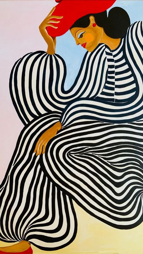 Bold, undulating black and white stripes contrast pastel shades of pink, blue, yellow background. A woman rests with her head in hand. Tela, Contemporary Expressionism, Art Deco Paintings, Abstract Portrait Painting, Surreal Portrait, Face Illustration, Contemporary Art Painting, Contemporary Portrait, Abstract Portrait