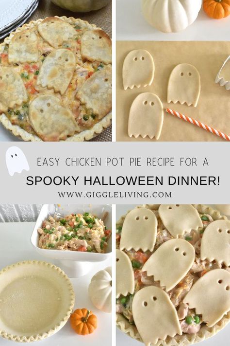 Easy pot pie recipe for Halloween Halloween Dinner Main Course, Ghost Pot Pie, Friday The 13th Meal Ideas, Over The Garden Wall Recipe, Halloween Pot Pie, Halloween Chicken Pot Pie, Easy Pot Pie Recipe, Halloween Meal Ideas, Halloween Pie