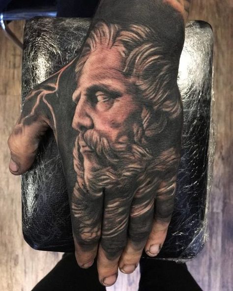 Zeus hand piece done by Higgs @ Four Horsemen, UK Zeus Hand Tattoo, Hand Tattoo Meaning, Hand Tattoo Images, Side Hand Tattoos, Zeus Tattoo, Skull Hand Tattoo, Full Tattoo, Small Tattoos With Meaning, Cool Chest Tattoos