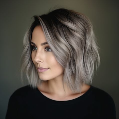 Balayage, Ashy Fall Hair Colors, Mushroom Gray Balayage, Platinum Blonde Highlights On Dark Hair Short, Brunette Balayage Grey Blending, Ashy Highlights On Dark Hair Short, Greyish Hair Ash Blonde, Dark Roots Cool Blonde Hair Balayage, Cool Gray Hair Color