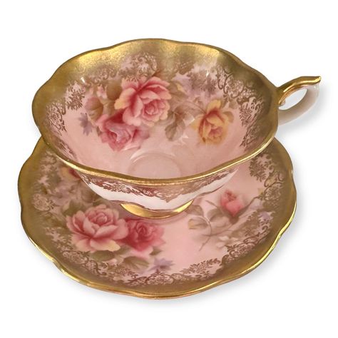 A rare vintage china tea cup, made by Royal Albert in England. A wonderful avon shaped cabinet duo in pink with lots gold gild. It is in good condition, no chips, cracks or crazing.   Please Note: The items I sell are not new, they are vintage or antiques, it goes without saying that there maybe some imperfections which I will try my best to point out and take pictures of. I do not look at my items under a microscope, but I do the best I can to describe it. Please ask questions, what maybe impor Antique Tea Sets, Tea Cup Collection, Royal Albert China, Pretty Tea Cups, Antique Tea Cups, Portrait Series, Pretty Cups, Things Under A Microscope, Vintage Teacups