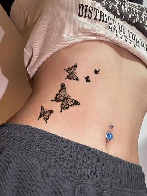 Tattoos Belly Women, Butterfly Belly Tattoo, Butterfly Tattoo On Belly, Cute Side Tattoos For Women, Tattoo For Belly, Back Tattoo Women Butterfly, Stomach Tattoos Ideas, Side Waist Tattoos Women, Butterfly Tattoo Waist