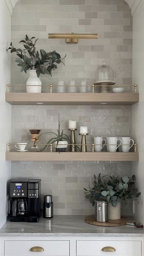 Why You Need a Kitchen Coffee Bar - Nikki's Plate Kaffe Station, Coffee Bar Ideas, Home Coffee Stations, Coffee Bars In Kitchen, Coffee Nook, Home Coffee Bar, Coffee Bar Home, Bar Ideas, Kitchen Shelves