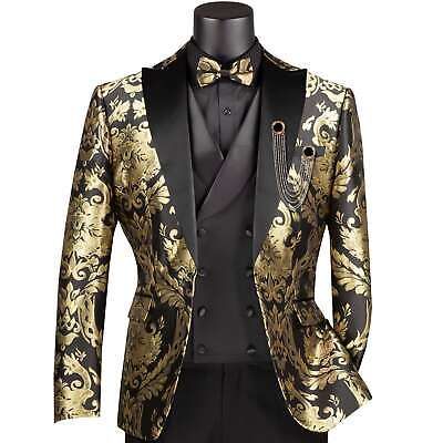 Trendy Fashion VINCI Men's Black & Gold Modern Fit 3pc Tuxedo Suit w/ Matching Bow-Tie NEW, Mens Clothing Black Gold Quinceanera Theme, Black And Gold Suit Men Prom, Black And Gold Suit Men, Gold Suit Men, Black Club Outfit, Gold Prom Suit, Black And Gold Suit, Prom Outfits Men, Gold Tuxedo Jacket