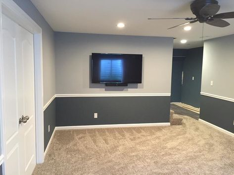 Custom Interior Trim Details - Transitional - Basement - Chicago - by Elite Builders LLC | Houzz Two Tone Grey Walls, Paint With Chair Rail, Two Tone Living Room Walls, Paint Colors With Chair Rail, Walls With Chair Rail, 2 Tone Wall Paint Ideas, Chair Rail Wall, Two Tone Wall, Transitional Basement