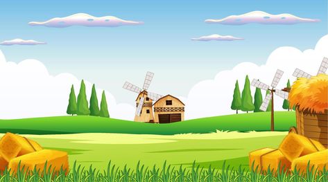 Farm scene with windmill and barn Farm Background, Farm Clipart, Farm Scene, Cartoon Background, The Farm, Free Vector Images, Vector Art, Vector Free, Vector Images