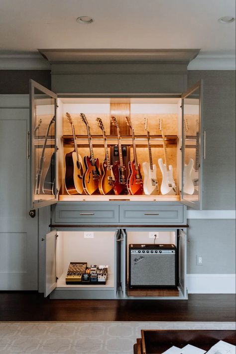 Guitar Display Wall, Music Room Storage, Modern Music Room, Guitar Display Case, Music Furniture, Office Music, Music Room Design, Guitar Studio, Guitar Storage