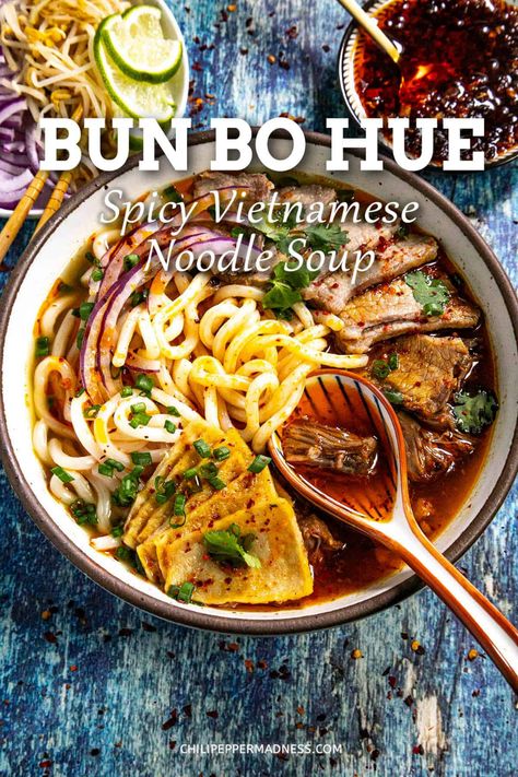 Bun Bo Hue is a comforting Vietnamese noodle soup known for its bold and spicy broth, a hearty and satisfying dish with complex, robust flavors, so good. Bun Bo Hue Recipe, Lao Recipes, Thai Recipes Noodles, Bun Bo Hue, Vietnamese Noodle Soup, Spicy Broth, Ramen Pho, Asian Soup Noodle, Vietnamese Soup