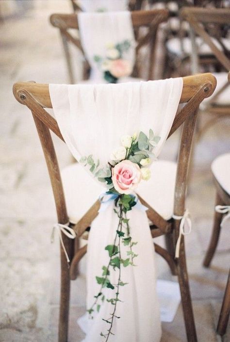 Rose and eucalyptus chic wedding chair decoration ideas White Wedding Decorations, Rustic Wedding Decorations, Wedding Chair Decorations, Flowers And Greenery, Wedding Chair, Boho Wedding Decorations, Chair Decorations, Wedding Chairs, Single Flower