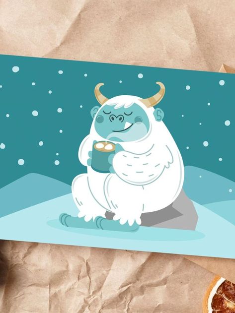 yeti drinking hot cocoa blank holiday greeting card Cute Yeti, Abominable Snowman, Xmas Card, Winter Themed, Holiday Greeting, Monster Art, Holiday Greeting Cards, Busy Book, Winter Theme