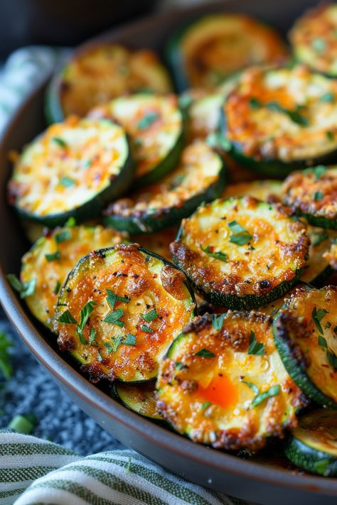 Roasted zucchini slices garnished with chopped parsley. Yellow Zucchini Recipes Air Fryer, Air Fried Squash Recipes, Zucchini Recipes Crispy, Crispy Air Fryer Zucchini Chips, Airfry Zucchini Fries, Zucchini Side Dish Recipes Air Fryer, Zucchini Crisps Air Fryer, Fried Zucchini Recipe Air Fryer, Air Fryer Snap Peas