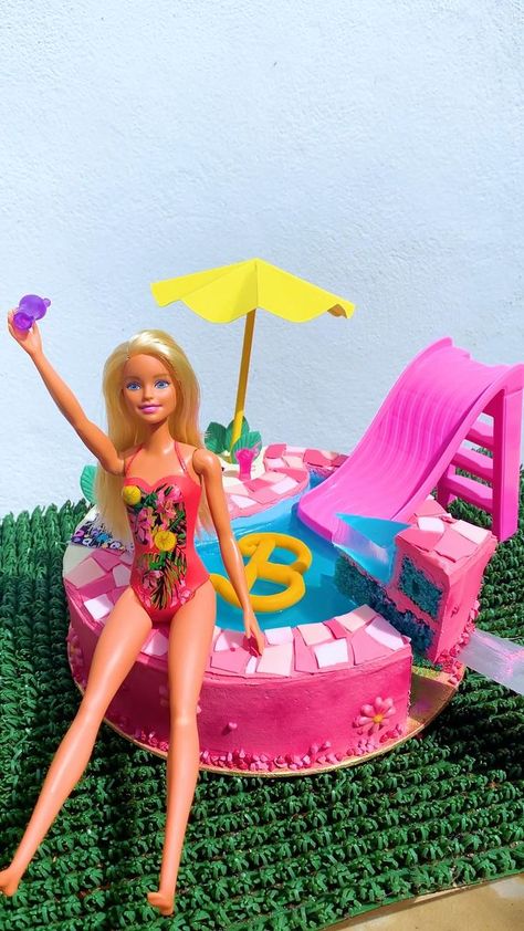 Barbie Pool Jelly Cake | cake, Barbie, fruit preserves | Dive in and bake! 😱 | By Craft Factory Pool Barbie Birthday Party, Barbie Swimming Pool Cake, Barbie Pool Cake Ideas, Jelly Pool Cake, Barbie Beach Cake, Barbie Swim Party, Barbie Pool Party Cake, Barbie Pool Cake, Malibu Barbie Cake