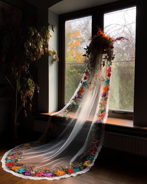 Unique and showstopping wedding veil inspiration, embroidered wedding veil, veil ideas, floral veil, bridal veil (c) Paje Honor Embroider Wedding Veil, Mexican Floral Wedding Dress, Mexican Veil Traditional, Mexican Embroidered Veil, Non Traditional Wedding Veil, Colorful Bridal Veil, Native American Wedding Veil, Wedding Veils With Flowers, Colourful Veil Wedding