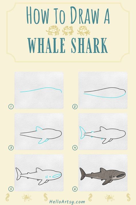 Step by step images demonstrating how to draw a Whale Shark Drawing - A Drawing Tutorial for Kids! Whale Shark Drawing Reference, Sharks Drawing Cute, Whale Shark Pictures, How To Draw A Whale Shark Step By Step, Drawing Whale Shark, Marine Biology Drawings Easy, Wale Sharks Drawing, Shark Sketch Easy, How To Draw A Shark Easy