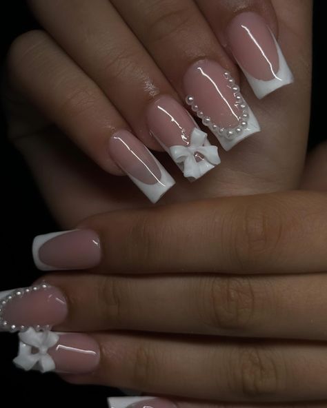 Elegant Prom Nails French Tips, White Junk Nails Short, Nails With Pearls Square, Classy White Nail Designs, Nail Inspo Short French Tip, French Tip With Rhinestones Short, Latina Short Nails, White Nails Short Design, 13 Birthday Nails