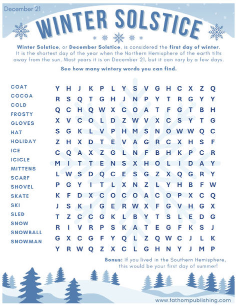 Fathom Publishing- Downloadable Holiday Activities Free Holiday Activities, Winter Word Search Free Printable, Winter Solstice Activities For Kids, Winter Word Search For Kids, December Word Search, January Word Search, Winter Word Search, Holiday Word Search, Word Search For Kids