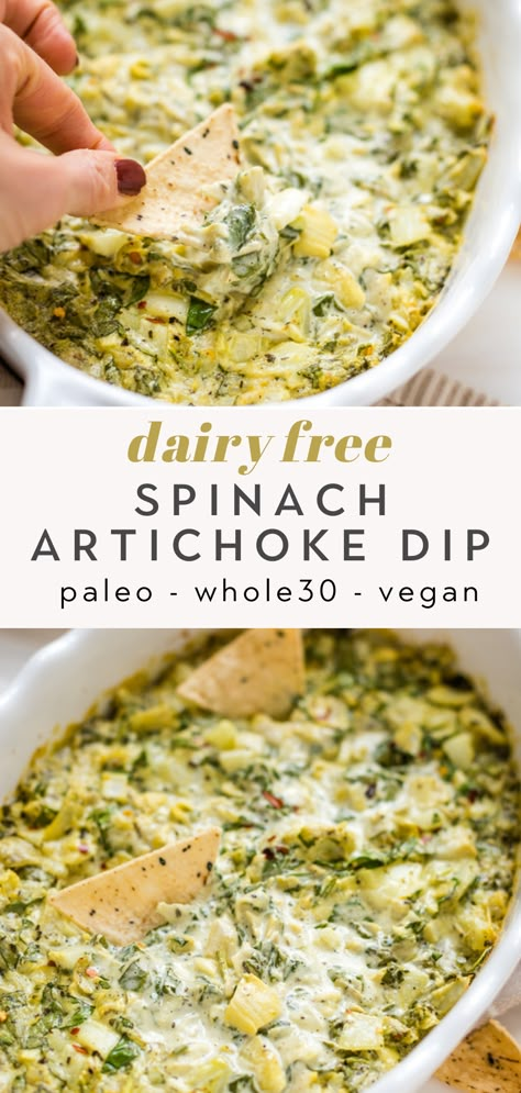 Spinach Artichoke Dip is so delicious and creamy, you won't even know it's dairy free! Made with healthy ingredients, this cheesy flavored appetizer dip is so addicting, everyone will be coming back for more. Serve with grain-free tortilla chips or crackers. Paleo, Whole30, and Keto too! Healthy Spinach Artichoke Dip, Dairy Free Dips, Dairy Free Appetizers, Dairy Free Recipes Dinner, Spinach Artichoke Dip Recipe, Dairy Free Dinner, Healthy Dips, Spinach Artichoke Dip, Gluten Free Dairy Free Recipes