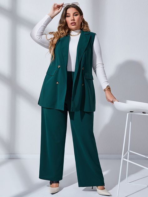 Plus Double Breasted Vest Blazer & Pants Without Belt Blue Vest Women, Outfit Formal Mujer, Slacks Outfit, Plus Size Suit, Office Outfits Women Casual, Outfits Gorditas, Blazer Plus Size, Double Breasted Vest, Stylish Work Attire