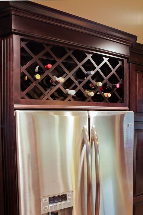 Wine Rack Above Fridge, Diy Wine Rack Design, Kitchen Cabinet Wine Rack, Above Refrigerator, Above Fridge, Wine Rack Projects, Top Kitchen Cabinets, Wine Rack Design, Cabinet Wine