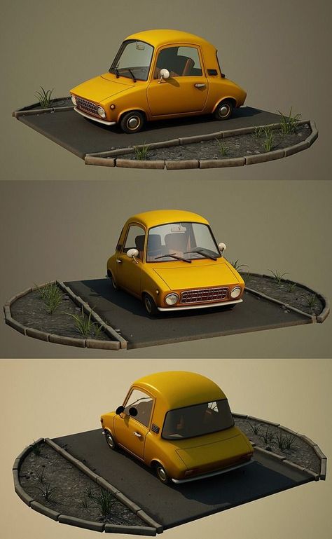 Cartoon Objects, Low Poly Car, Car Picture, Digital Art Gallery, Cartoon Car, Image 3d, Yellow Car, Low Poly Art, Model Sheet