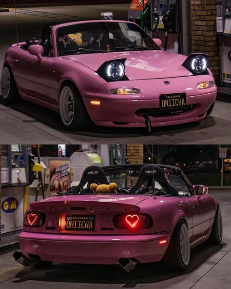 Mean Looking Cars, Modded Car Aesthetic, Pink Mx5, Pink Sports Car Aesthetic, Pink Miata Aesthetic, Pink Car Stuff, Pink Miata Mx5, Cool Cars Aesthetic, Miata Body Kit