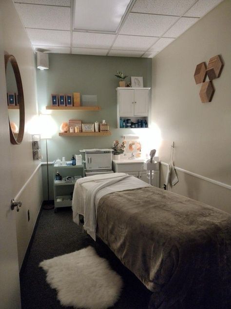 Small Spa Studio Ideas, Small Space Esthetician Room, Mini Spa Room Ideas, Wax Room Organization, Spa Room Cabinets, 10x10 Esthetician Room, Small Spa Space Ideas, Small Therapy Room, Esthetician Room Wall Decor