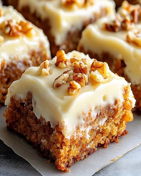 Decadent Carrot Cake Bars with Cream Cheese Frosting Vegan Sign, Bars With Cream Cheese Frosting, Flavored Cream Cheeses, Bars With Cream Cheese, Carrot Cake Bars, Carrot Spice Cake, Moist Carrot Cakes, Carrot Cake Cookies, Healthy Carrot Cakes